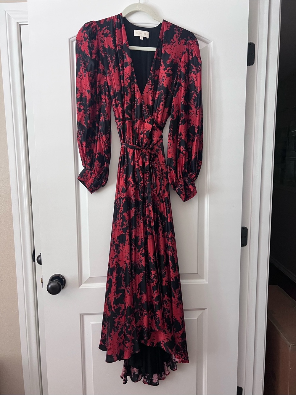 Red & Black High-Low Wrap Dress with Long Sleeves